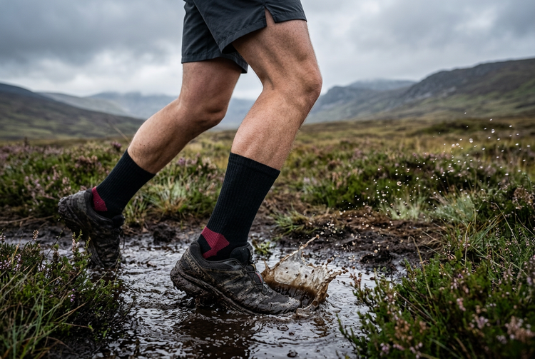 Hiker splashing through a boggy moorland puddle in red and black SOGGS waterproof socks