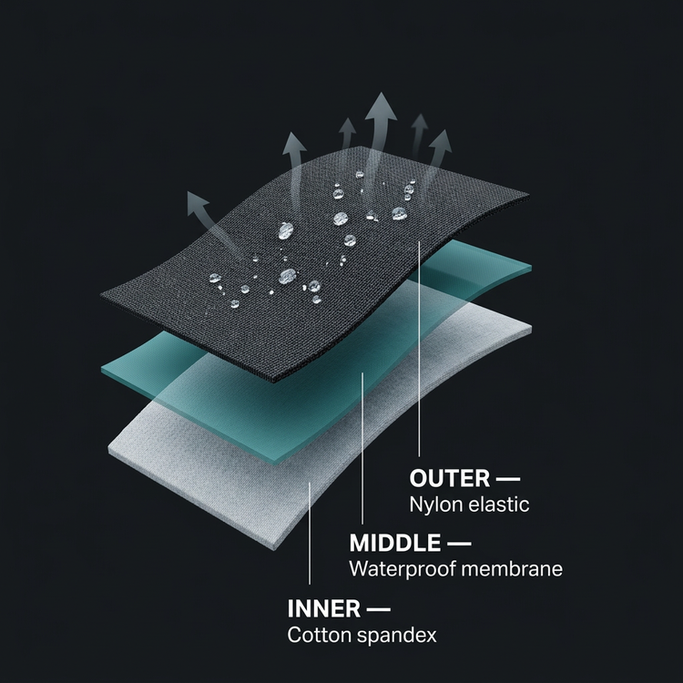 Diagram of the three SOGGS sock layers: nylon outer, waterproof membrane, cotton spandex inner