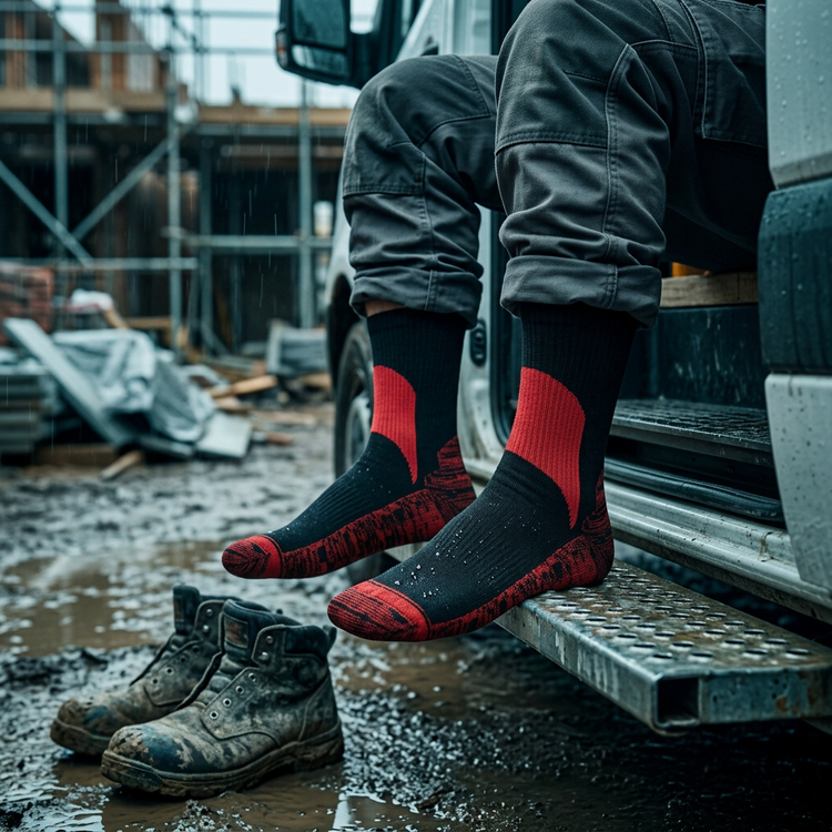 Tradesperson on a rainy building site wearing black and red SOGGS waterproof socks