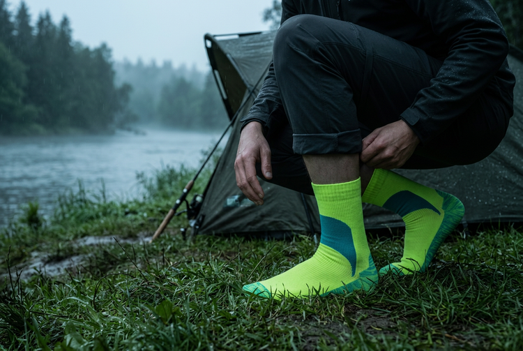 Camper crouching on a wet riverbank in green SOGGS waterproof socks